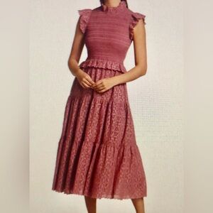 Sea New York Smocked Eyelet Midi Dress in Pink Size 0.